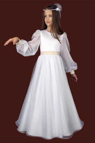 E275/T Communion dress with long voile sleeves