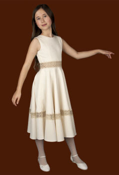 P522 Płócienna sukienka z koronką - jasny beż